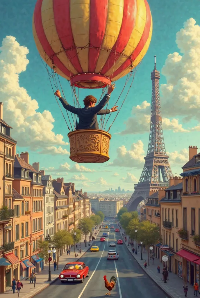  an agent dressed in black and brown hair and in a hot air balloon and has his hands raised to guide it and is turning to the left, appears from above up on it must see Paris and the Toureifel and down on the street there must be a 2 chevaux, and above the...