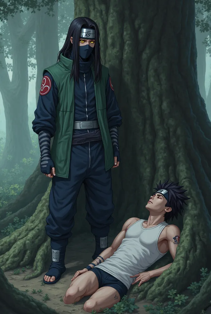 A highly detailed anime-style digital painting set in a dense, mysterious forest from the Naruto universe. Orochimaru, the sinister and cunning Sannin, is seen wearing Kakashi Hatake’s full outfit, which includes a dark blue, form-fitting long-sleeve top, ...