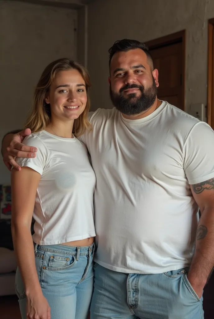 Realistic image of a 45-year-old Moroccan male, massive chubby bodybuilder, muscle bulky Man,tall size , brown hair with a comb over cut, 3 day beard,He wears a white shirt , light blue denim pants, The image is a photo of his face in the foreground with h...