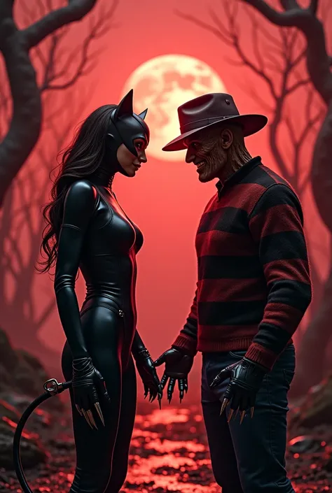 catwomen and freedy krueger posing at each other in a nightmare