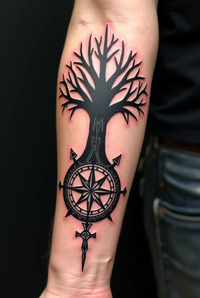 Shaded tattoo on the inside of the arm with the Nortics tree Yggdrasil, Thor's hammer and a compass