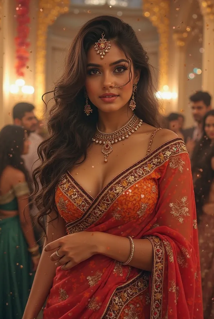 An Indian women wearing saree and having big boobs and showing cleavage and attending a event 