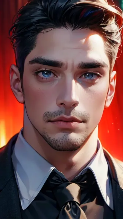 (    best quality,4K,8k,       highres,    masterpiece :1.2),    ultra-detailed    ,(Realistic,photoRealistic,photo-Realistic:1.37),36-year-old man,3 day beard,Beautiful anime,Portraits,strong,masculine,        with black hair  ,sharp jaw,             mesm...