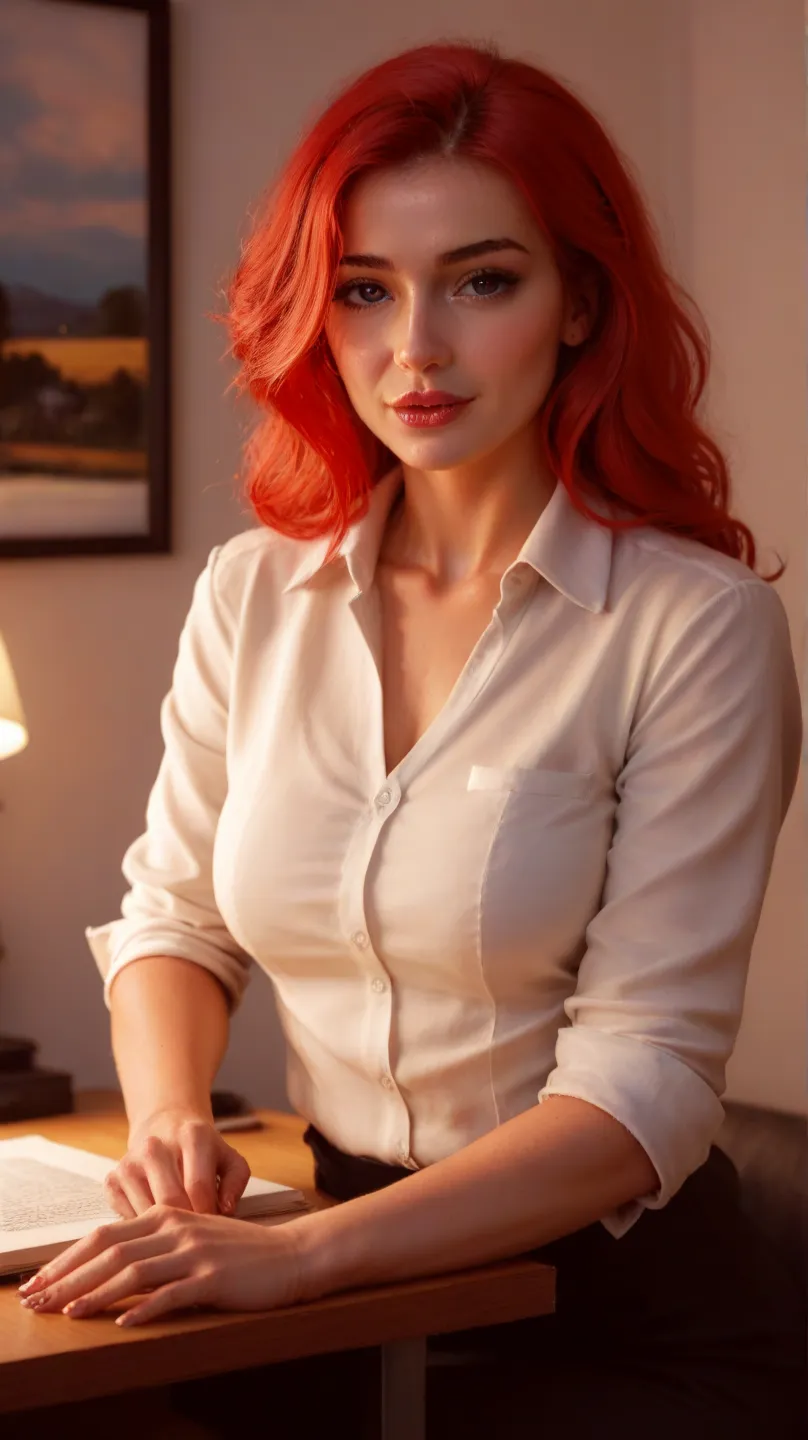 a professional female model with vibrant red hair, fair skin, and expressive eyes, sitting in a cozy bedroom, warmly lit with soft natural light,4K,8K,high resolution,masterpiece,ultra-detailed,realistic,photorealistic,photo-realistic,HDR,UHD,studio lighti...