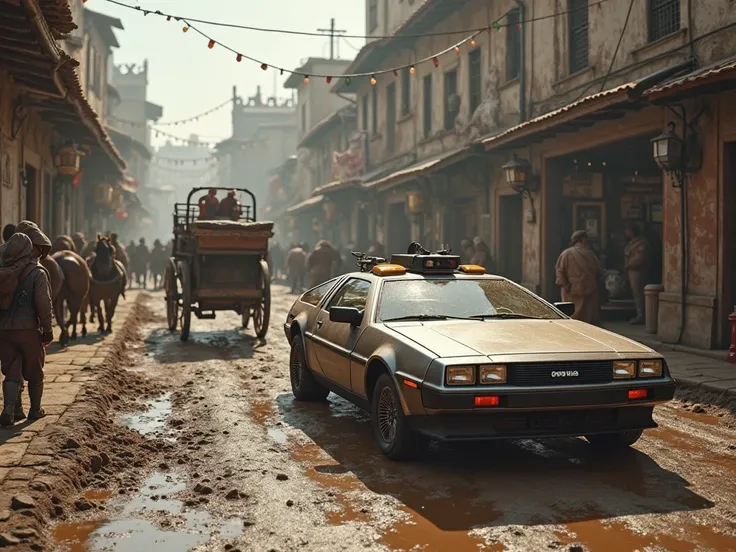 Make a poster, which is so, mint az Assassin's Creed - Vallhalla-game, in the game location on the muddy street next to the horse-drawn carriage is parked a little muddy DeLorean.  Hyperrealistic, Detailed image