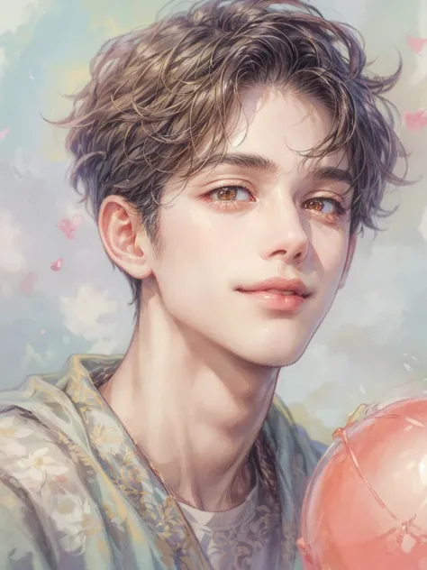 (absurdres, highres, ultra detailed, HDR), watercolor art style masterpiece, perfect face, detailed face, intricate details, extremely detailed background scenery, best quality close-up picture, orange eyes, korean boy, smile,   boy guy male man , art by k...