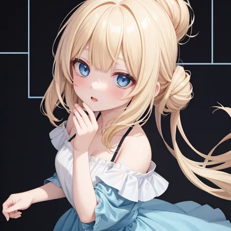 4K,source_anime, score_9, score_8_up, score_7_up, 1girl,Women 20s,blond hair,Transparent white skin,Bangs are swept short,half updo,off-the-shoulder top,Light blue dress,got both hands on his cheeks