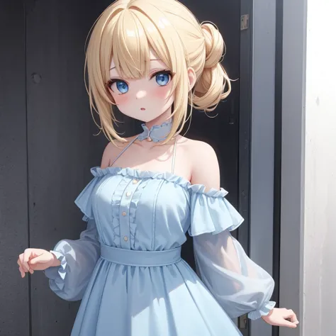 4K,source_anime, score_9, score_8_up, score_7_up, 1girl,Women 20s,blond hair,Transparent white skin,Bangs are swept short,half updo,off-the-shoulder top,Light blue dress,got both hands on his cheeks