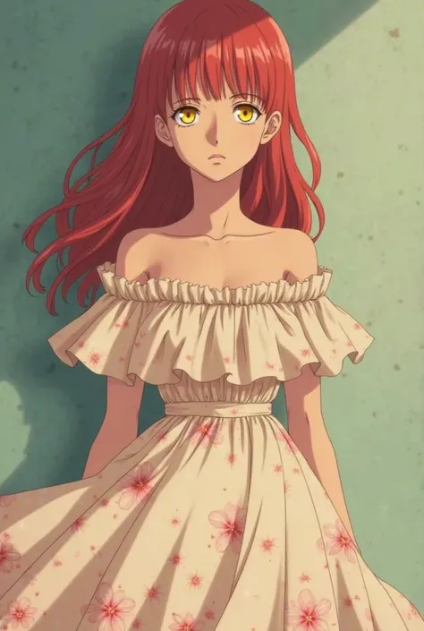 One piece screencap of an female with yellow eyes, red hair, the dress is a pale cream or beige color with a delicate pink floral print.  It's a long, flowing maxi dress with a tiered, ruffled skirt that adds volume and movement.  The bodice is fitted at t...