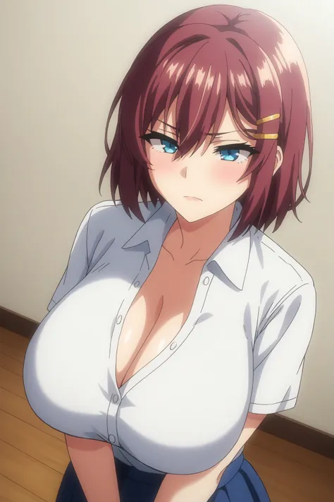 safe_pos, score_9, akane nanao (akane wa tsumare somerareru),(Masterpiece),( top quality),2D, anime, Anime art,(official style), (1 girl), reddish brown hair, short hair, hair between eyes, yellow hairclips, blue eyes, (huge breasts),cleavage, thick thighs...