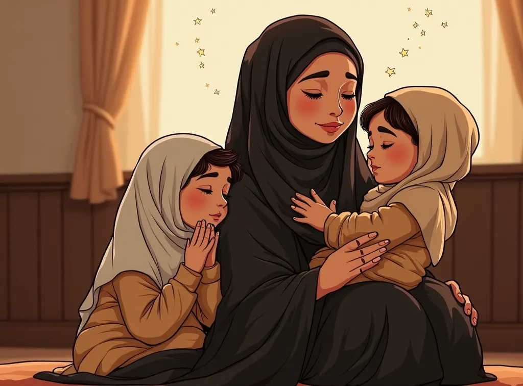 2D cartoon illustration of a mother kneeling and wrapping her arms around her two ren—Sami (6y/o) and Laila (5y/o)—as they pray together. Her black abaya flows softly around them, her face filled with love and quiet strength. Sami, bigger, raises his small...