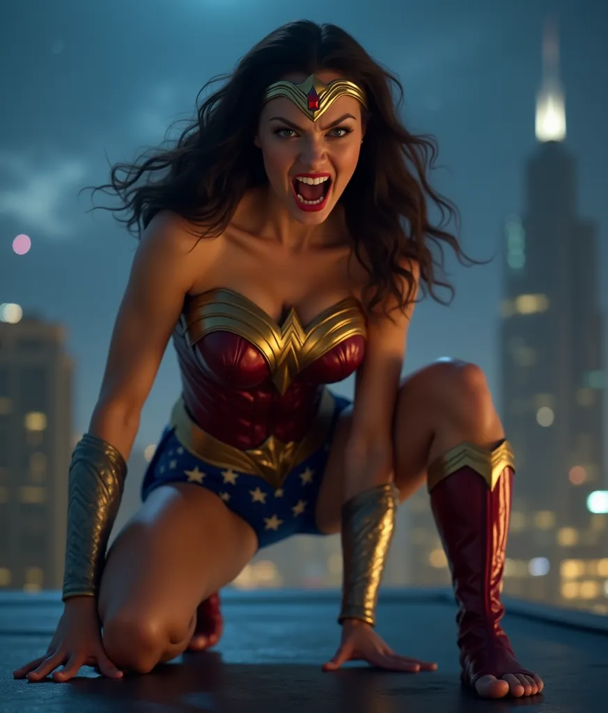 A highly detailed, hyper-realistic cinematic image of Wonder Woman on a rooftop at night, with a dramatic city skyline in the background. She is wearing her classic outfit: a red metallic chest armor with gold accents, a blue star-patterned bottom, and her...