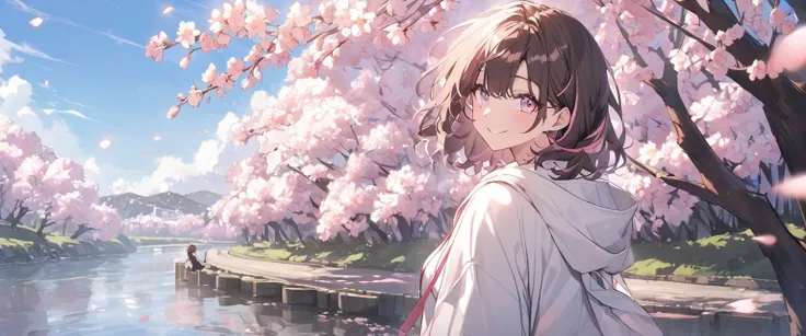 Alone，medium hair，Dark brown hair， tip pink highlight，woman， Light Pink Eyes ，smile,white hoodie，blue sky，cherry blossoms，Riverside