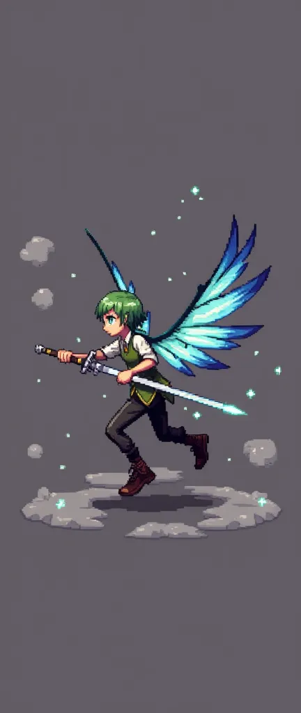 Style: Pixel art with detailed animations for an action/RPG game.
Character: A 17-year-old with short green hair, blue eyes, and wings. Wears a shirt with a green vest, dark pants, and boots. Wields a magical sword.
Background: Solid black, no details.
Ess...