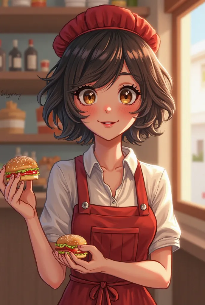 I would like to create 3 s who work at a hamburger restaurant called Império Food, one of them is brown, short hair that wears thick lashes, not so much and her hair is black and short 1,56 tall..and the other has wavy dark brown hair, dark brown eyes, her...