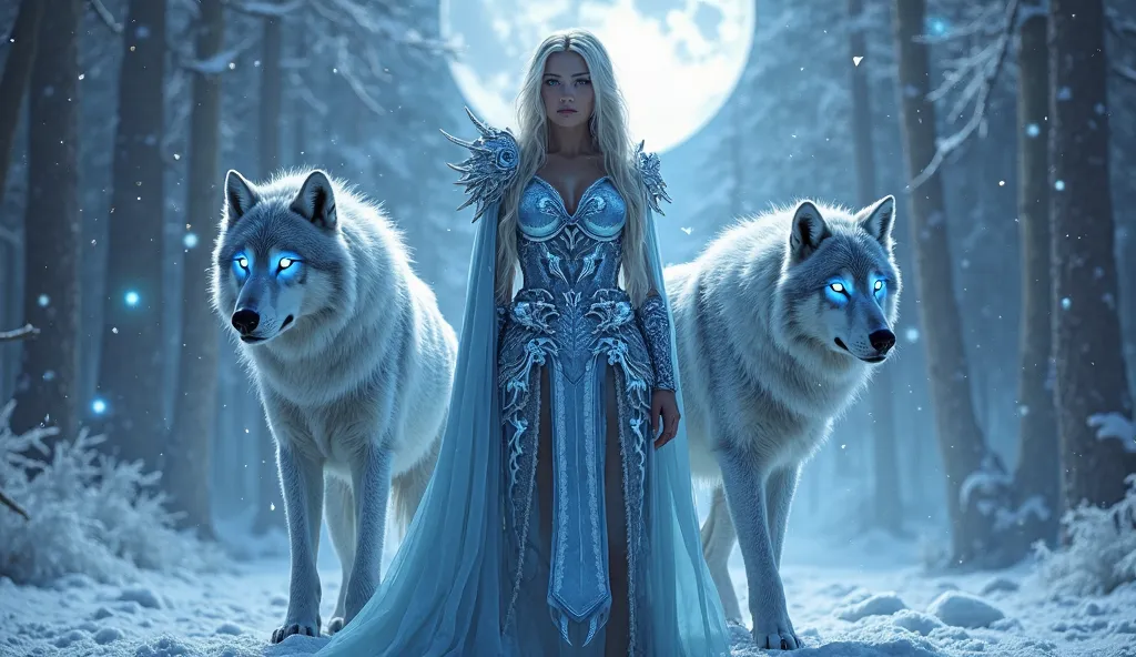 A powerful female warrior in radiant, ice-blue metallic armor with intricate designs, standing boldly under a bright full moon. She has long, flowing silver-blonde hair, flanked by two massive wolves with glowing, icy blue eyes and fur radiating a mystical...