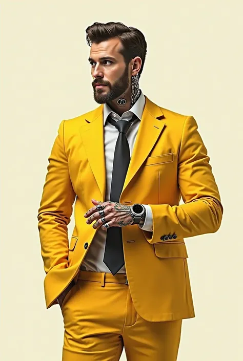 I want you to give me a picture of a male robot wearing a yellow suit, putting his hands in his pockets, changing his face, showing masculine and charismatic features, and having a wristwatch that he is looking at.