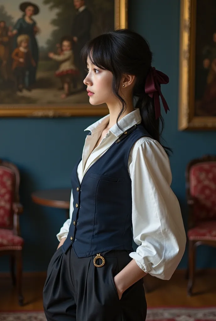 A young beautiful woman with the soft dreamy features dressed in a strict 19th-century men's suit, with a black terry cloth thin ribbon around a white collar instead of a tie, a linen shirt with a navy blue waistcoat, a gold watch chain peeking out of a sm...