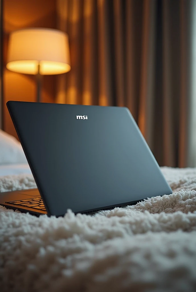 Create an Msi lap top image taken with a phone in a hotel room