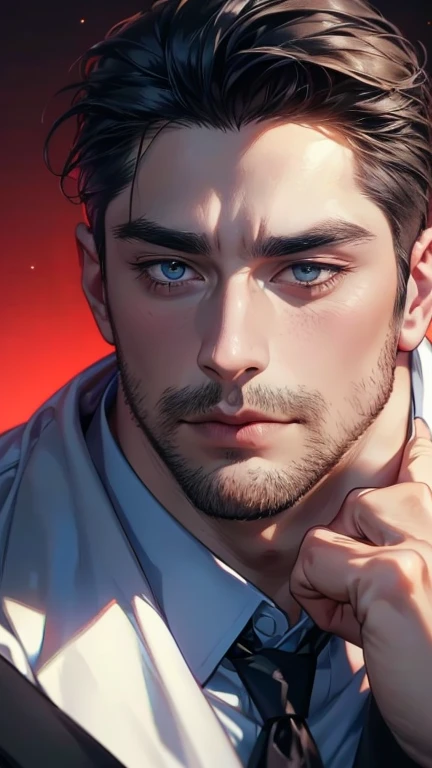 (    best quality,4K,8k,       highres,    masterpiece :1.2),    ultra-detailed    ,(Realistic,photoRealistic,photo-Realistic:1.37),36-year-old man,3 day beard,Beautiful anime,Portraits,strong,masculine,        with black hair  ,sharp jaw,             mesm...