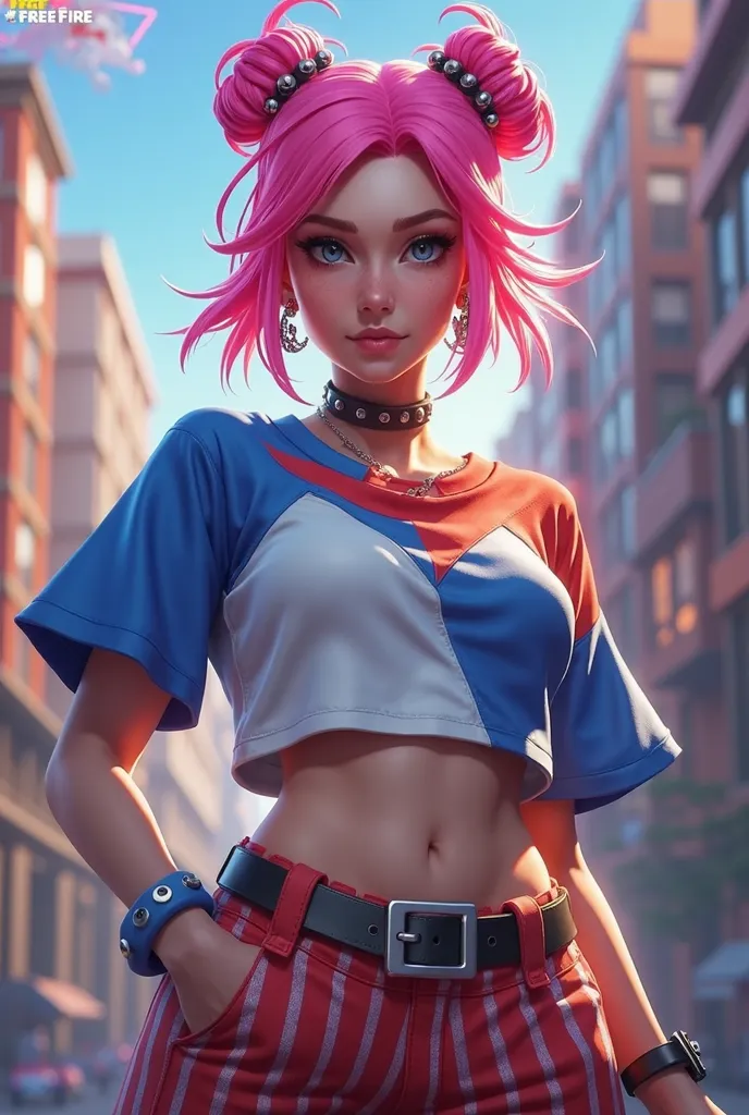 Personagem de free fire, hair with Xuxinha and pink, bar pants 
, blue white and red blouse.