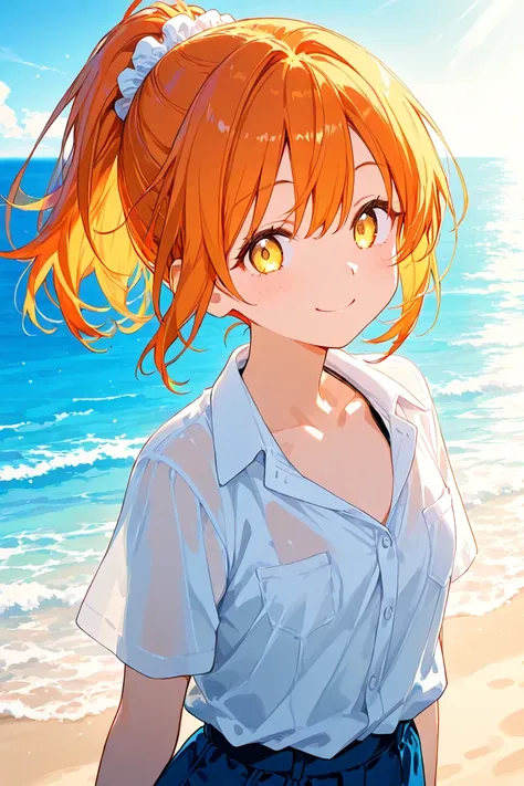 Love Live!　Starry Sky　orange hair　 yellow eyes　Short Hair　ponytail　white shirt　sea　summer　blue sky　 sandy beach