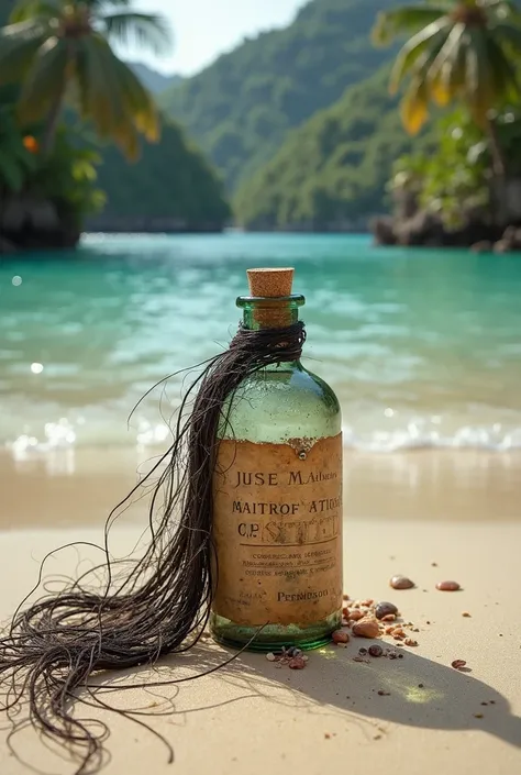 Create a photo of a medicine that was shipwrecked on an island with long black hair