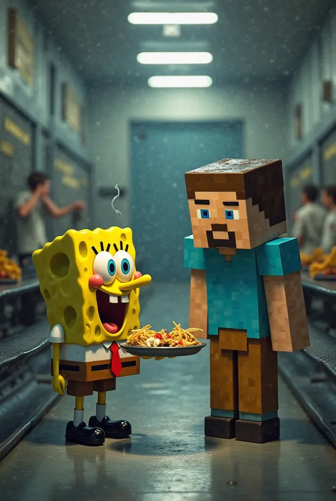 SpongeBob talking to Steve from Minecraft in a prison cafeteria 