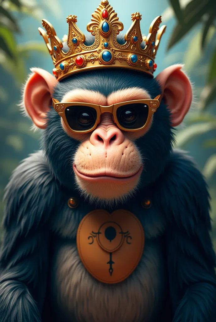 Boss monkey wearing a crown and sunglasses