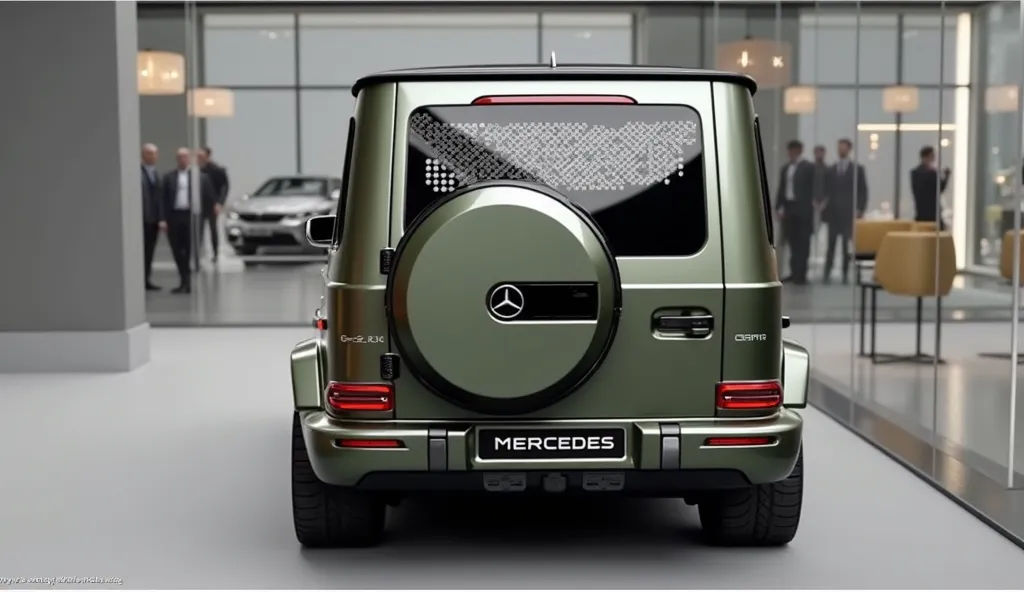 An ultra-realistic image of the back side view end of a futuristic  2025 Mercedes AMG g 63  The car features a large, imposing, and aerodynamic design with a glossy white  and shiny exterior. The back side view end has a wide, aggressive grille with intric...