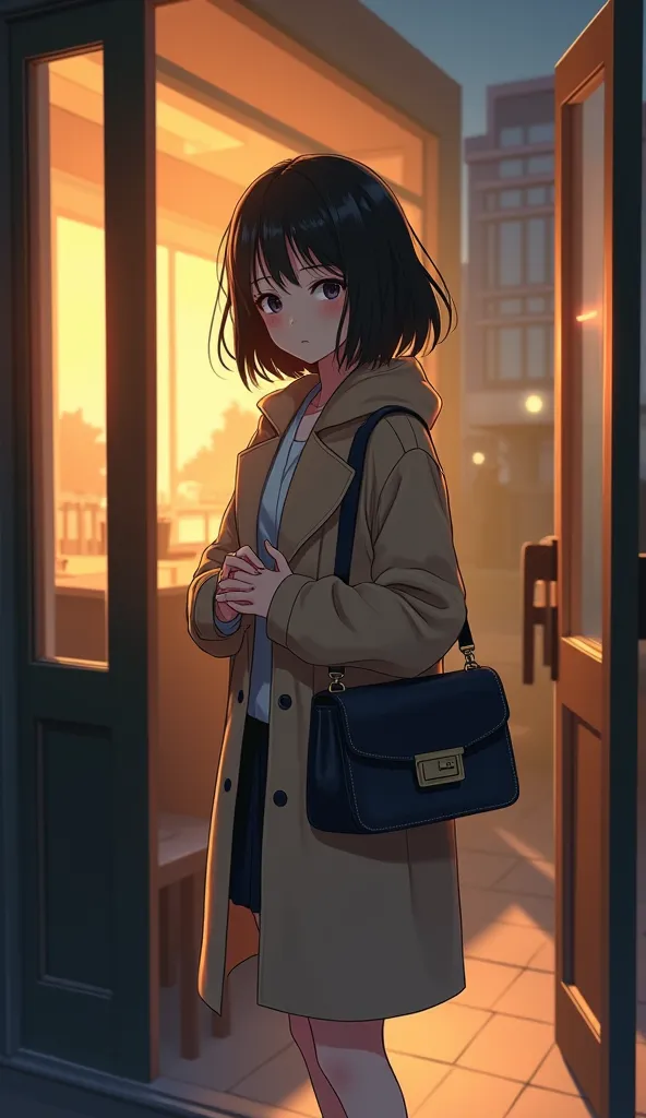 A bittersweet anime-style illustration of a 24-year-old woman standing near a café entrance, her heart racing as she watches a familiar figure approaching. She wears a stylish coat, her hands nervously clutching the strap of her bag. Her expression is conf...