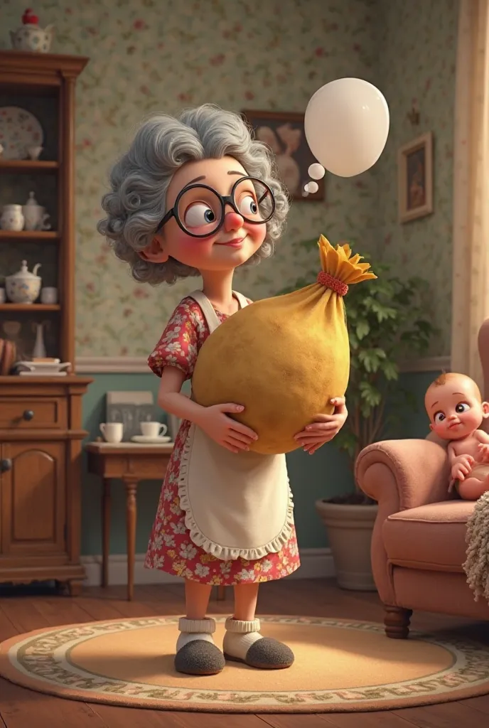 A humorous animated-style scene featuring a stereotypical grandmother with short, curly gray hair, wearing oversized soda-bottle glasses. She stands in the middle of a cozy, cluttered room, holding a large sack of potatoes in both hands and looking at it w...