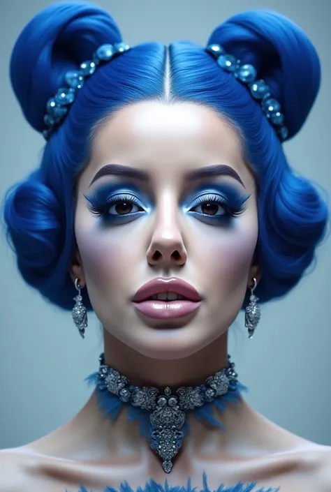 incredibly long and voluminous eyelash extensions, bright blue makeup,  blue hair ,  diamond earrings  , collar, blue lips, kissing lips,  bow-shaped hair , 