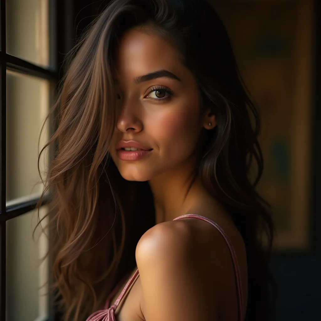 ( Masterpiece ,  high quality, high resolution,  realistic photo,   photo , bright photo), Picture a woman Young, confidence effect a girl in herself with a mysterious smile, , long flowing hair and a piercing gaze. Her eyes reflect her mind, playfulness a...