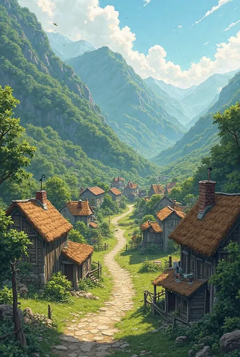 A small village surrounded by green mountains 