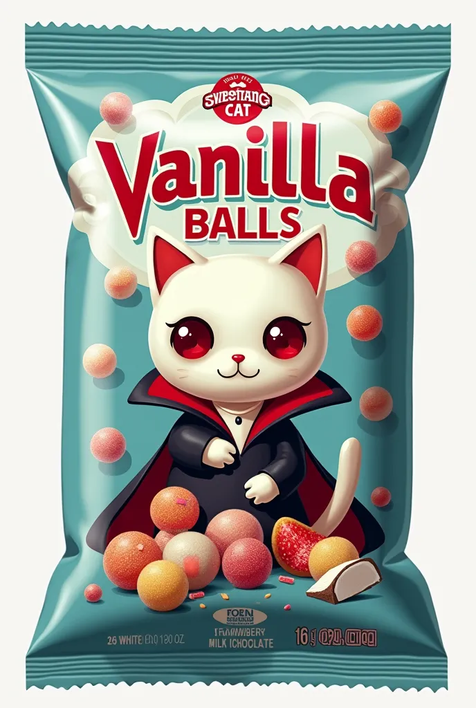 Vanilla Vampire Cat Animatronics: blue ve beyaz renklerin hakim olduğu bir tasarım. blue, colored on white, maybe slightly slanted and rounded.  Ornament: Illustration of colored granulated candies. this çizimler küçük, Can rotate around the package sweetl...