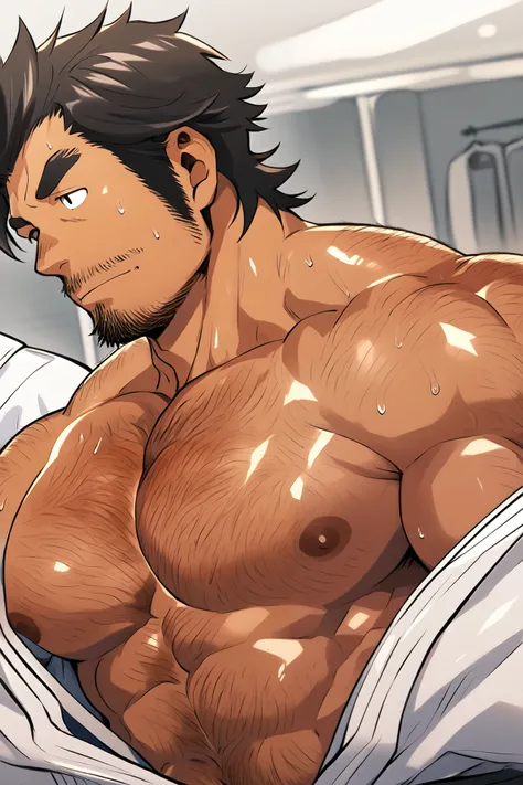 Yami Sukehiro, Japanese man，A little beard，Square-shaped eyes， thick eyebrows，black hair short all back，developed pectoral muscles and neck，A white judo uniform that is about to be taken off，sweaty, (hairy pec:1.3), ，see here，changing room