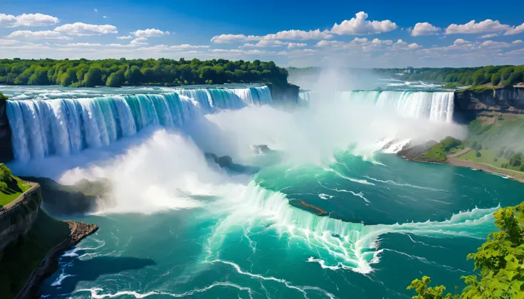 (Best Quality),(masterpiece:1.2),(very well detailed:1.2), super high definition ,RAW color photos,8k, Expansive Landscape Photos ,Spectacular landscapes,realistic pictures,Detailed photos,written,sharp concentration, in the cloud,(Niagara Falls is two-...
