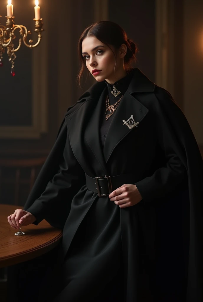 I need hd photo of strong beautiful women wearing a big black coat wearing read Groves with the masonic logo compass and letter G also on her coat mus have masonic logo compass and letter G also I need to see she put 6 glas of blood and other blood on that...