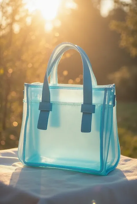 Create an image of a translucent rectangular bag with blue handles. Sling handles wrap around the, , covering it along the wide side of the front, neural network along the bottom and on the wide side of the back."A fascinating close-up of a beautiful littl...