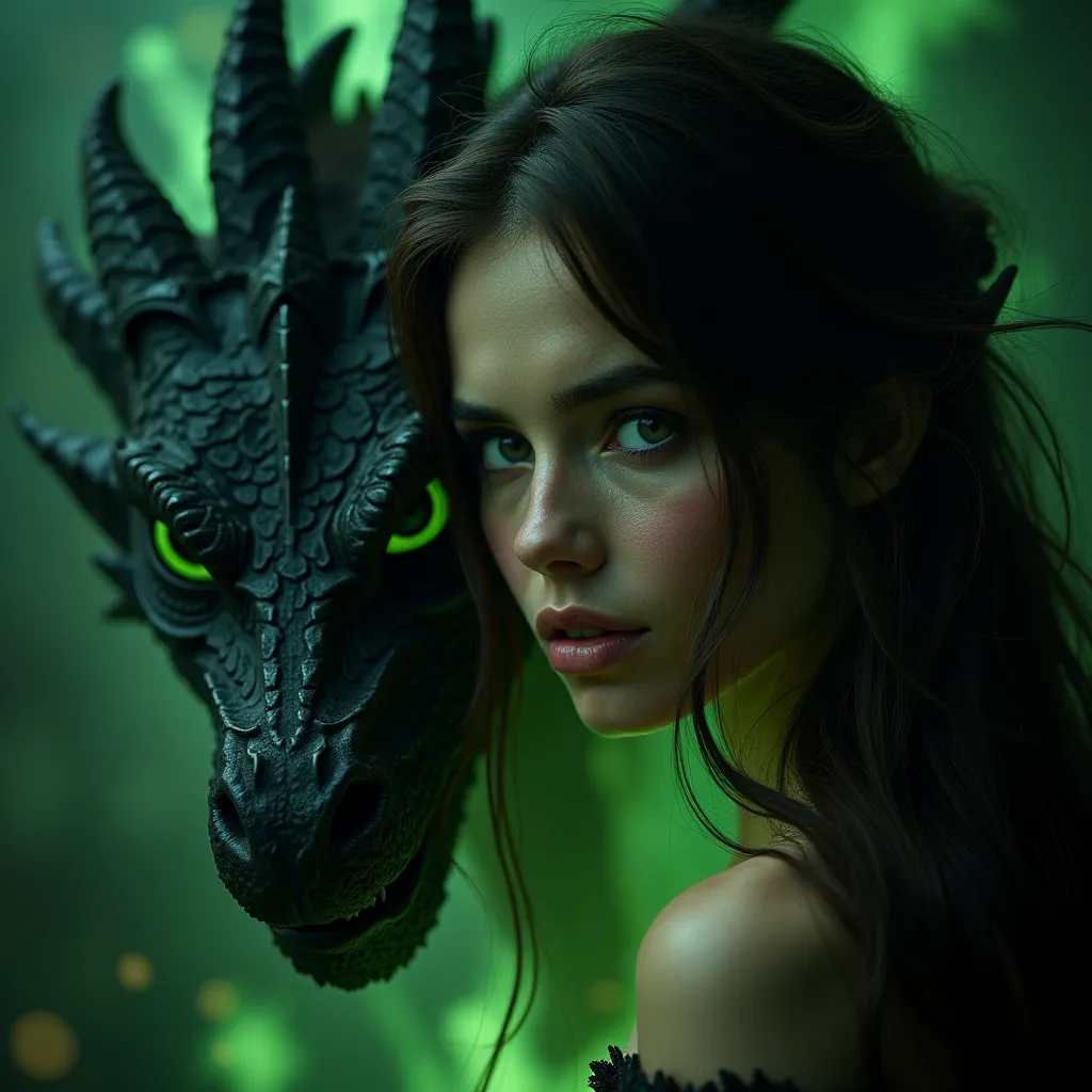 CLOSE UP OF FACE,  sexy girl, brunette with very long hair, Perfect body, is merged with a black dragon. Dragon image with green eyes. She has an epic dress, with a very sensual pose. Is there a green fire, The image is mysterious, ultra detailed, high lig...