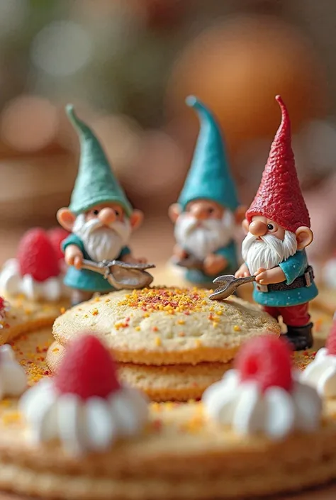 Capture a surreal macro photograph of tiny gnomes diligently working on a delicious dessert. These miniature figures should be surrounded by vibrant layers of cake, whipped cream, and edible decorations, as they labor together to create a whimsical masterp...