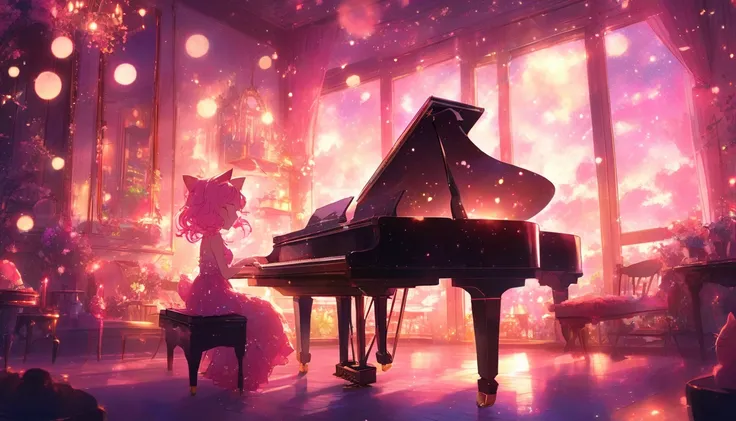 Imagine a girl playing the piano alone while the moon and stars shine in the sky 、Imagine a girl playing the piano alone. anime, pink hair, Cat ears.  that's her appeal .