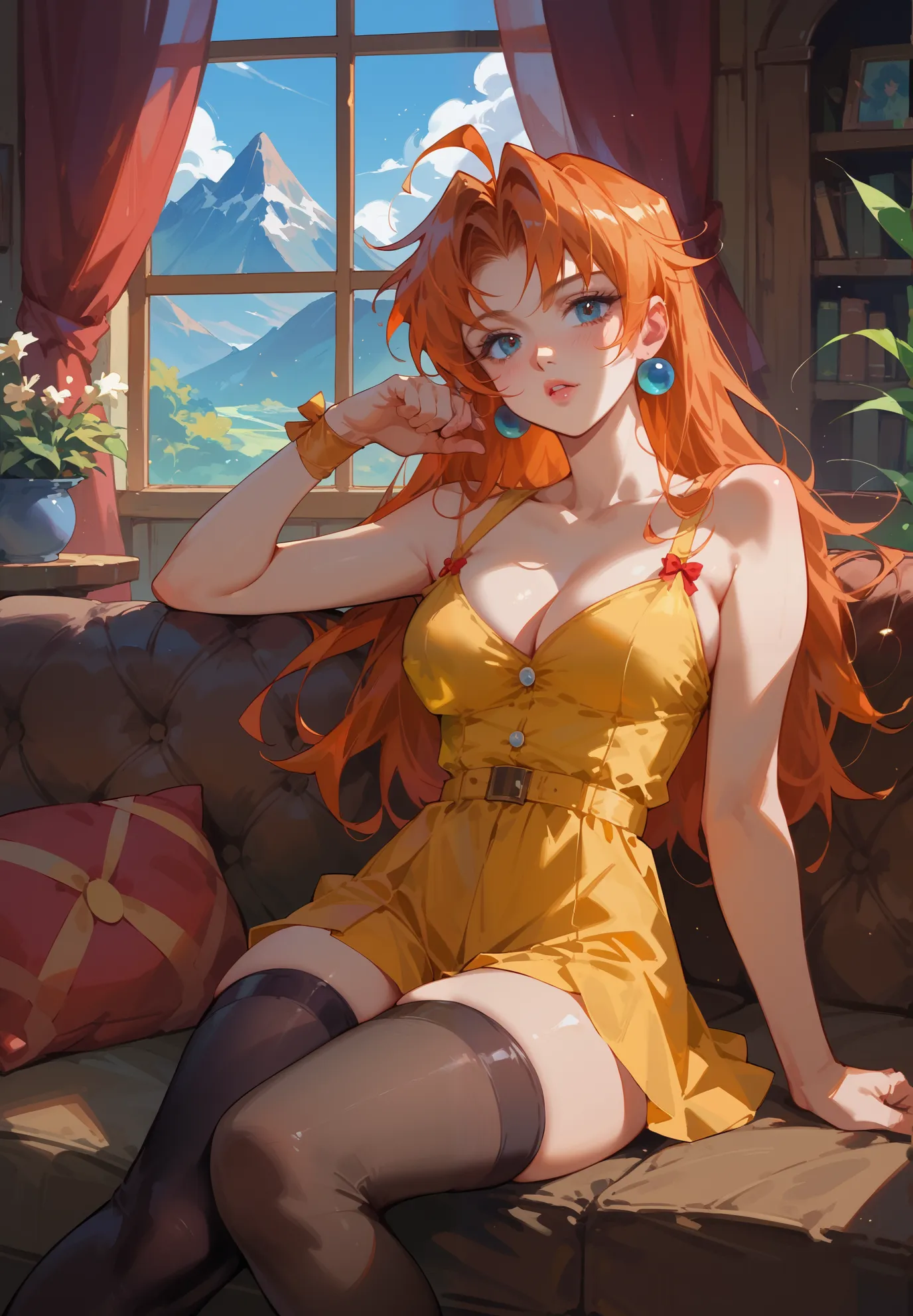 1girl, Lina Inverse, Slayers, ginger hair, sitting on a couch, thigh highs with ribbons, alluring pose, BREAK, night time, mountain cottage, cinematic lighting,