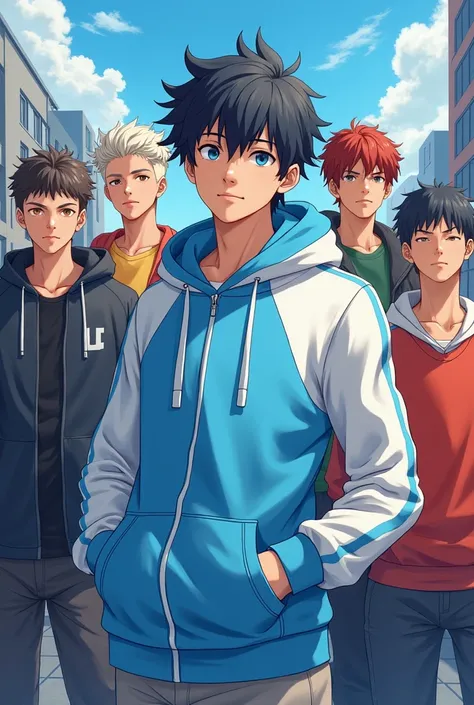 5 anime boys 1 boy in the middle with sky blue and white hoodie and black hair and 