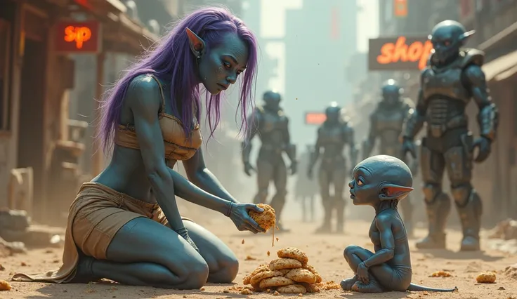 A breathtaking sci-fi fantasy scene depicts a sorrowful yet strikingly beautiful curvy, strong-built blue-skinned alien woman kneeling on the dusty ground, tears streaming down her cheeks. Her narrow waist contrasts with her full, well-defined figure, emph...