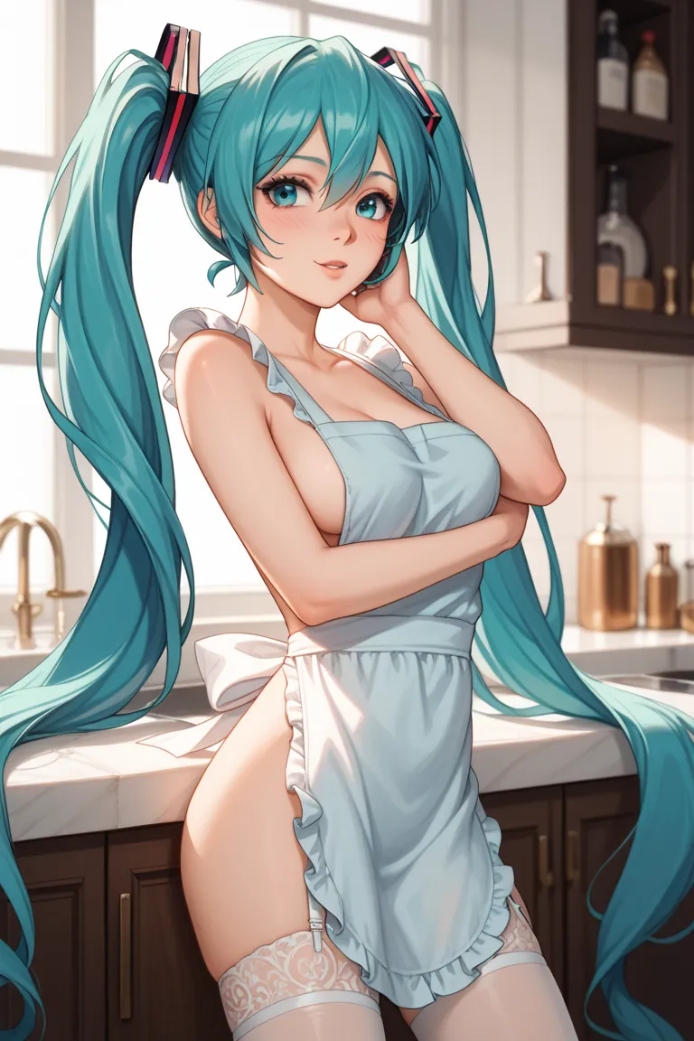 Hatsune Miku wearing a naked apron, pants, and a garter belt