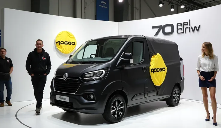 A sleek, modern (piaggio porter 700) taking center stage in a showroom, partially covered with a black and yellow cloth displaying a prominent ( piaggio porter 700 ) logo, being unveiled by 6 people. The vehicle is a vibreveal(black)  with a streamlined de...