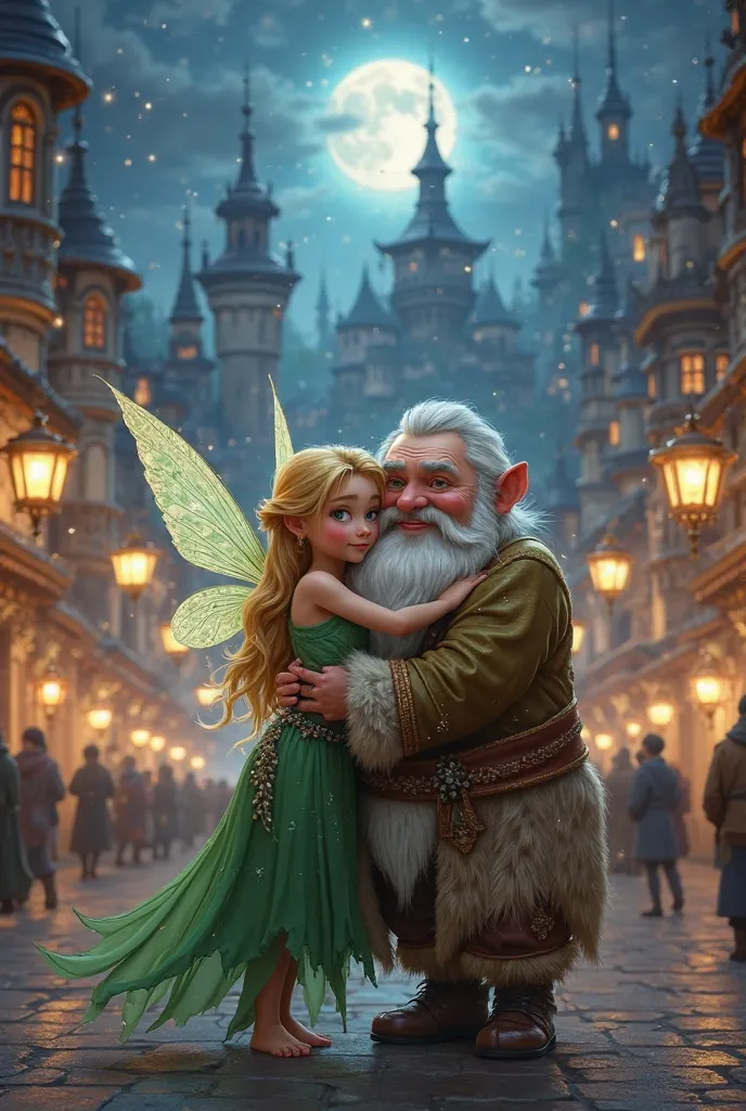 A blonde fairy in green dress hugging an old happy dwarf at city center of kings palace at night 