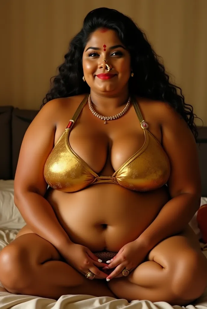 Make a age marathi fatty woman wearing golden bikini, Indian godess, fatty, big hairs, small red bindi on forehead, sitting on bed, sitting in a seductive pose, very sexy woman, wearing golden nath in nose.